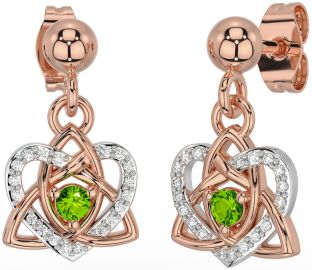 Diamond Peridot White Rose Gold Celtic Trinity Knot Heart Dangle Earrings