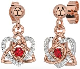 Diamond Ruby White Rose Gold Celtic Trinity Knot Heart Dangle Earrings
