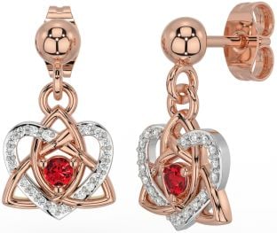 Diamond Ruby White Rose Gold Celtic Trinity Knot Heart Dangle Earrings