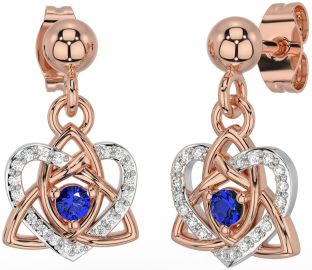 Diamond Sapphire White Rose Gold Celtic Trinity Knot Heart Dangle Earrings