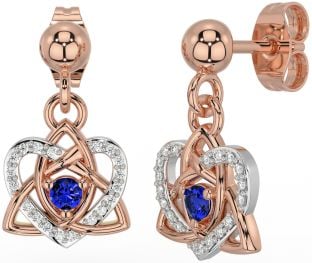 Diamond Sapphire White Rose Gold Celtic Trinity Knot Heart Dangle Earrings