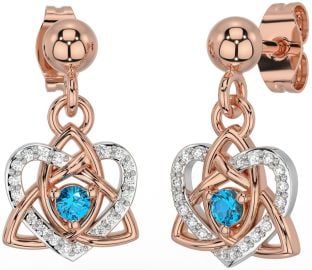 Diamond Topaz White Rose Gold Celtic Trinity Knot Heart Dangle Earrings