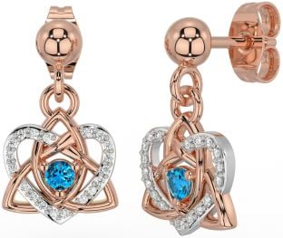 Diamond Topaz White Rose Gold Celtic Trinity Knot Heart Dangle Earrings