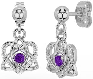 Diamond Amethyst Silver Celtic Trinity Knot Heart Dangle Earrings