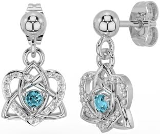 Diamond Aquamarine Silver Celtic Trinity Knot Heart Dangle Earrings