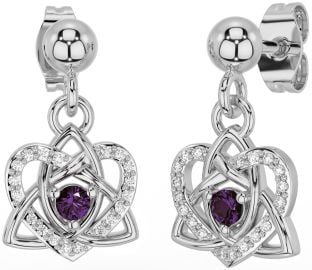 Diamond Alexandrite Silver Celtic Trinity Knot Heart Dangle Earrings