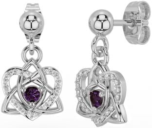 Diamond Alexandrite Silver Celtic Trinity Knot Heart Dangle Earrings