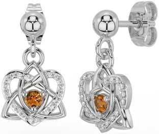 Diamond Citrine Silver Celtic Trinity Knot Heart Dangle Earrings