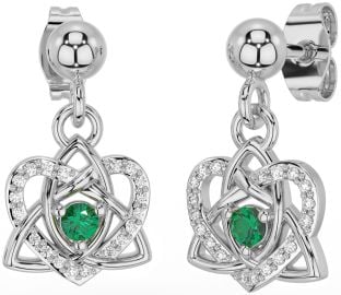 Diamond Emerald Silver Celtic Trinity Knot Heart Dangle Earrings