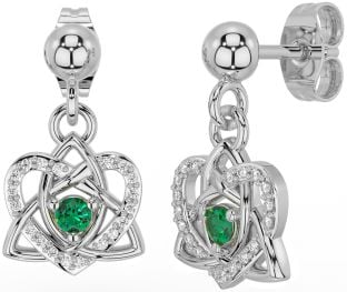 Diamond Emerald Silver Celtic Trinity Knot Heart Dangle Earrings