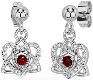 Diamond Garnet Silver Celtic Trinity Knot Heart Dangle Earrings