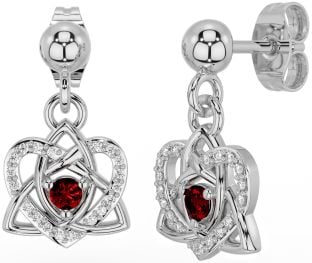 Diamond Garnet Silver Celtic Trinity Knot Heart Dangle Earrings