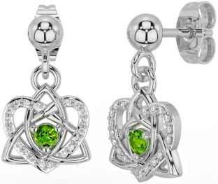 Diamond Peridot Silver Celtic Trinity Knot Heart Dangle Earrings
