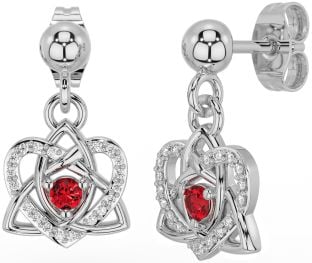 Diamond Ruby Silver Celtic Trinity Knot Heart Dangle Earrings