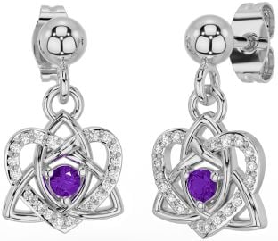 Diamond Amethyst White Gold Celtic Trinity Knot Heart Dangle Earrings