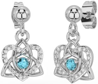 Diamond Aquamarine White Gold Celtic Trinity Knot Heart Dangle Earrings