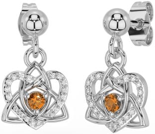 Diamond Citrine White Gold Celtic Trinity Knot Heart Dangle Earrings