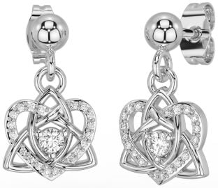 Diamond White Gold Celtic Trinity Knot Heart Dangle Earrings