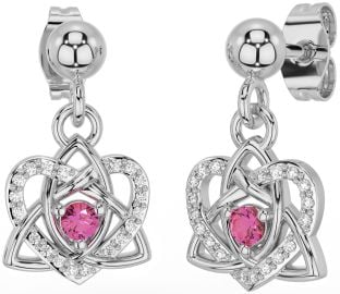 Diamond Pink Tourmaline White Gold Celtic Trinity Knot Heart Dangle Earrings