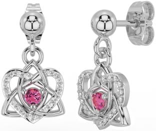 Diamond Pink Tourmaline White Gold Celtic Trinity Knot Heart Dangle Earrings