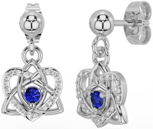 Diamond Sapphire White Gold Celtic Trinity Knot Heart Dangle Earrings