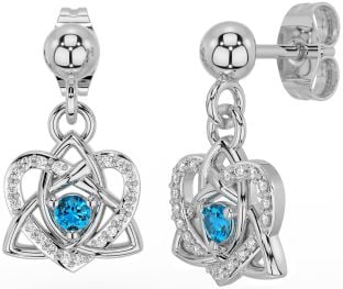 Diamond Topaz White Gold Celtic Trinity Knot Heart Dangle Earrings