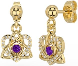Diamond Amethyst Gold Celtic Trinity Knot Heart Dangle Earrings