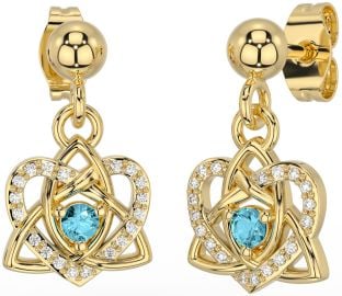 Diamond Aquamarine Gold Celtic Trinity Knot Heart Dangle Earrings
