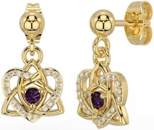 Diamond Alexandrite Gold Celtic Trinity Knot Heart Dangle Earrings