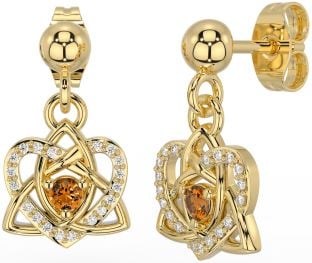 Diamond Citrine Gold Celtic Trinity Knot Heart Dangle Earrings
