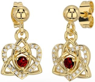 Diamond Garnet Gold Celtic Trinity Knot Heart Dangle Earrings