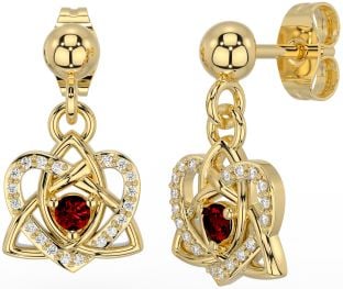 Diamond Garnet Gold Celtic Trinity Knot Heart Dangle Earrings