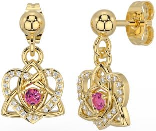 Diamond Pink Tourmaline Gold Celtic Trinity Knot Heart Dangle Earrings