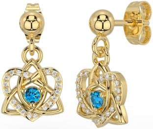 Diamond Topaz Gold Celtic Trinity Knot Heart Dangle Earrings