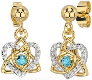 Diamond Aquamarine White Yellow Gold Celtic Trinity Knot Heart Dangle Earrings