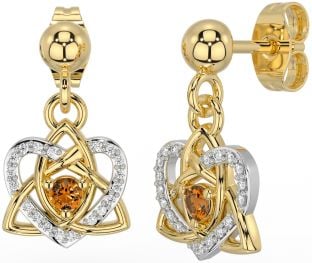 Diamond Citrine White Yellow Gold Celtic Trinity Knot Heart Dangle Earrings