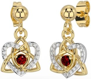 Diamond Garnet White Yellow Gold Celtic Trinity Knot Heart Dangle Earrings
