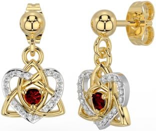 Diamond Garnet White Yellow Gold Celtic Trinity Knot Heart Dangle Earrings