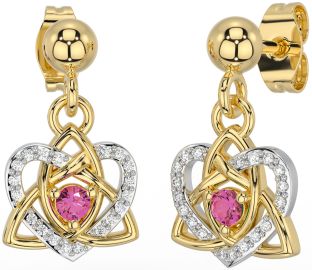Diamond Pink Tourmaline White Yellow Gold Celtic Trinity Knot Heart Dangle Earrings
