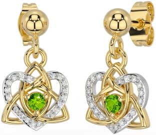 Diamond Peridot White Yellow Gold Celtic Trinity Knot Heart Dangle Earrings