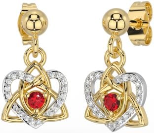 Diamond Ruby White Yellow Gold Celtic Trinity Knot Heart Dangle Earrings