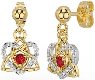 Diamond Ruby White Yellow Gold Celtic Trinity Knot Heart Dangle Earrings
