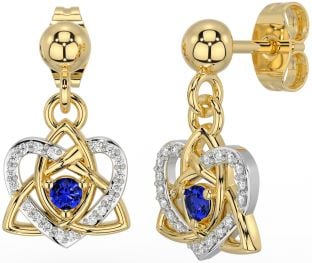 Diamond Sapphire White Yellow Gold Celtic Trinity Knot Heart Dangle Earrings