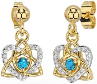Diamond Topaz White Yellow Gold Celtic Trinity Knot Heart Dangle Earrings