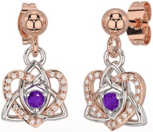 Diamond Amethyst Rose Gold Silver Celtic Trinity Knot Heart Dangle Earrings