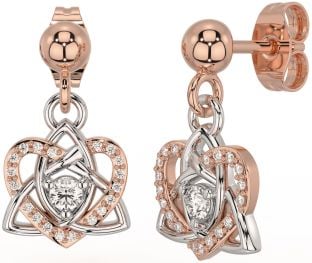 Diamond Rose Gold Silver Celtic Trinity Knot Heart Dangle Earrings