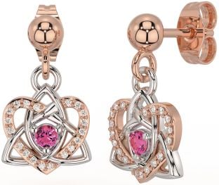 Diamond Pink Tourmaline Rose Gold Silver Celtic Trinity Knot Heart Dangle Earrings