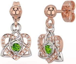 Diamond Peridot Rose Gold Silver Celtic Trinity Knot Heart Dangle Earrings