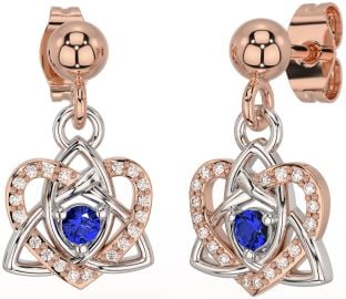 Diamond Sapphire Rose Gold Silver Celtic Trinity Knot Heart Dangle Earrings