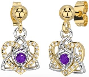 Diamond Amethyst Gold Silver Celtic Trinity Knot Heart Dangle Earrings